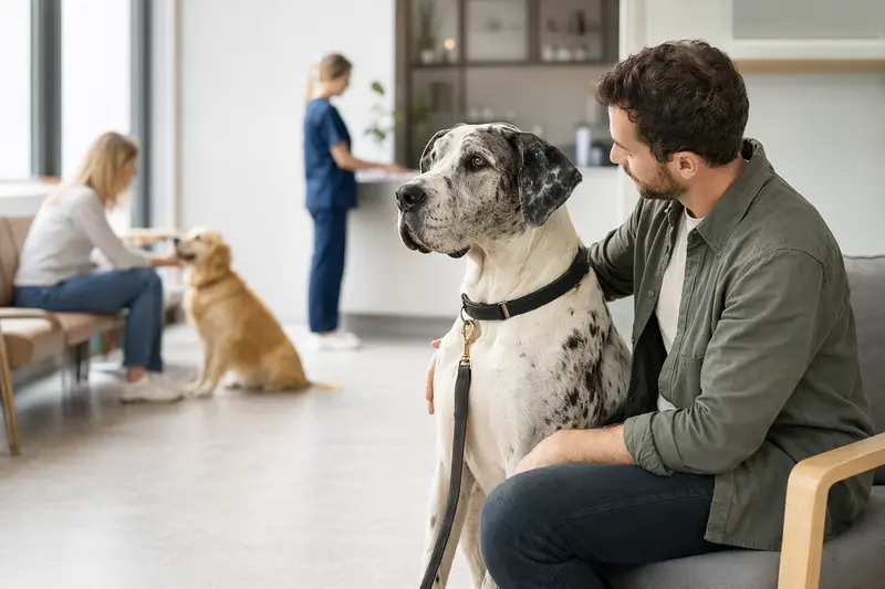 Eine Englische Dogge sitzt ruhig neben ihrem Besitzer im hellen Wartezimmer einer modernen Tierarztpraxis.